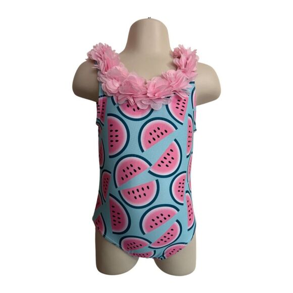 Watermelon and Ruffle Neckline Blue & Pink  Swimsuit Size 2T - Picture 3 of 8